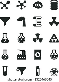 Solid Black Vector Icon Set - round flask vector, manufacture, oil, barrel, industrial building, radiation, carbon dyoxide, filter, water, research article, test tube, molecule, nuclear, biohazard