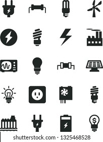 Solid Black Vector Icon Set - lightning vector, saving light bulb, power socket type b, charging battery, wind energy, hydroelectricity, plug, electric, industrial building, mercury, pc supply, idea