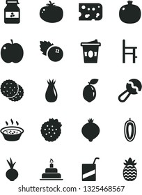 Solid Black Vector Icon Set - beanbag vector, e, a chair for feeding, birthday cake, piece of cheese, porridge in saucepan, tomato, beet, coffe to go, jar jam, blueberries, strawberries, biscuit
