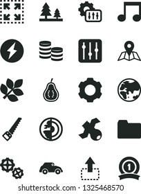 Solid Black Vector Icon Set - folder vector, gears, arm saw, map, regulator, size, move up, part of guava, planet, forest, retro car, coins, note, settings, satellite, earth core, biology