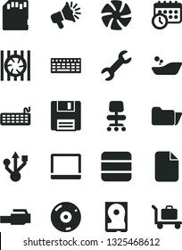Solid Black Vector Icon Set - children's bathroom vector, loudspeaker, notebook pc, fan, radiator, keyboard, hdd, usb, cd, folder, floppy, lan connector, chair, sd card, big data, repair, file