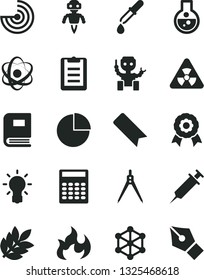 Solid Black Vector Icon Set - bookmark vector, pie chart, flask, atom, nuclear, bulb, book, pipette, flame, clipboard, calculator, drawing compass, radar, medal, robot, biology, syringe, 3d cube