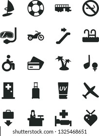 Solid Black Vector Icon Set - plane vector, bus, motorcycle, escalator, rolling suitcase, getting baggage, credit card, uv cream, palm tree, pool, hospital bed, medical room, diving mask, disabled