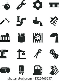 Solid Black Vector Icon Set - big core vector, cogwheel, adjustable wrench, cordless drill, spatula, electronic boiler, gas station, water pipes, manufacture, hydroelectricity, Construction crane