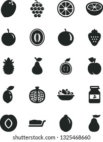 Solid Black Vector Icon Set - cake slice vector, a plate of fruit, jar jam, strawberry, pear, peach, half pomegranate, large grape, plum, melon, tangerine, tasty, juicy lemon, lime, sour, guawa