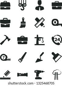 Solid Black Vector Icon Set - briefcase vector, winch hook, building trowel, drill, arm saw, measuring tape, long meashuring, wooden paint brush, construction level, writing accessories, drawing, 24