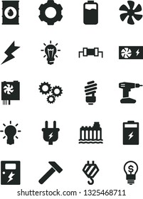 Solid Black Vector Icon Set - hook vector, drill, saving light bulb, lightning, dangers, hammer, marine propeller, charge level, charging battery, oil, hydroelectricity, plug, three gears, settings