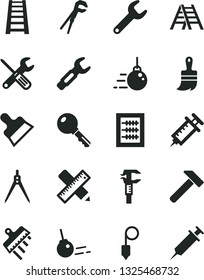 Solid Black Vector Icon Set - new abacus vector, big core, small tools, adjustable wrench, wooden paint brush, stepladder, ladder, writing accessories, plummet, putty knife, spatula, hammer, key