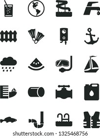 Solid Black Vector Icon Set - rainy cloud vector, siphon, new radiator, faucet mixer, boiler, anchor, small fish, a glass of soda, slice water melon, valve, planet Earth, canister oil, pipe, hotel
