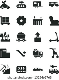 Solid Black Vector Icon Set - truck lorry vector, cargo trolley, Baby chair, sitting stroller, child Kick scooter, delivery, commercial seaport, coal mining, modern gas station, battery, conveyor