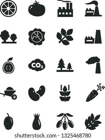 Solid Black Vector Icon Set - garden trolley vector, tomato, mint, squash, rose hip, mulberry, goji berry, juicy lemon, half of guawa, carrot, beans, manufacture, factory, trees, forest, biology