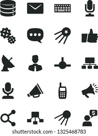 Solid Black Vector Icon Set - desktop microphone vector, horn, employee, thumb up, big data, artificial satellite, gears, connections, scheme, hierarchical, mobile phone, speech, keyboard, connect