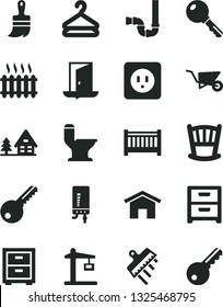 Solid Black Vector Icon Set - bedside table vector, cradle, baby cot, building trolley, wooden paint brush, comfortable toilet, siphon, power socket type b, key, spatula, electronic boiler, home