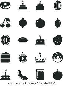 Solid Black Vector Icon Set - cake vector, birthday, piece of, torte, with a hole, glazed, pie, jam, strawberries, cherry, pomegranate, medlar, mulberry, melon, slice, half, persimmon