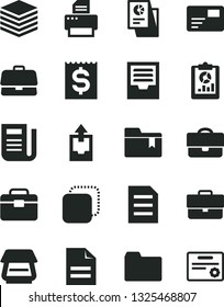 Solid Black Vector Icon Set - briefcase vector, scribbled paper, folder, archive, upload data, bookmark, portfolio, pile, pass card, copy, statistical overview, financial item, research, newspaper