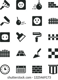 Solid Black Vector Icon Set - paint roller vector, brickwork, brick wall, big core, building trowel, new, power socket type b, f, tile, ceramic tiles, putty knife, fence, hedge, paving slab, watch