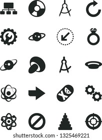 Solid Black Vector Icon Set - prohibition vector, right direction, clockwise, stacking toy, tumbler, gear, left bottom arrow, porcini, plate, scribed compasses, scheme, ring diagram, atom, gears