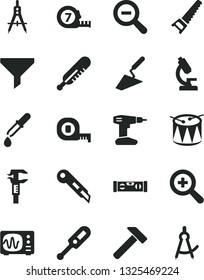 Solid Black Vector Icon Set - zoom vector, out, electronic thermometer e, mercury, drum, trowel, drill, hand saw, measuring tape, long meashuring, building level, stationery knife, hammer, compasses