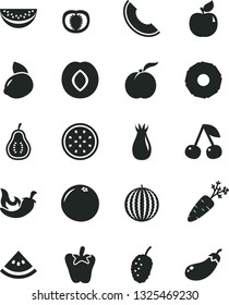 Solid Black Vector Icon Set - chili vector, peper, cherry, ripe peach, apricot, plum, rose hip, tasty mulberry, water melon, slice of, yellow lemon, half passion fruit, pineapple, grapefruit, tomato