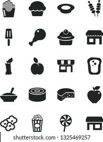 Solid Black Vector Icon Set - kiosk vector, cheese, canned goods, fried vegetables on sticks, cake, muffin, a bowl of buckwheat porridge, plate milk, chicken leg, lollipop, potato slices, popcorn
