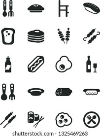 Solid Black Vector Icon Set - a chair for feeding vector, plastic fork spoons, iron, sausage, fried vegetables on sticks, Hot Dog, mini, pie, plate, barbecue, meat skewers, sushi set, japanese, egg