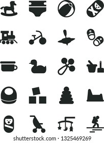 Solid Black Vector Icon Set - toys over the cradle vector, diaper, baby bib, rattle, summer stroller, rubber duck, bath ball, stacking rings, roly poly doll, tumbler, toy sand set, children's potty