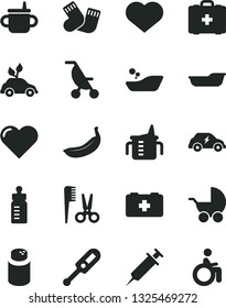 Solid Black Vector Icon Set - heart symbol vector, mug for feeding, measuring cup, bottle, powder, baby stroller, summer, electronic thermometer e, children's bathroom, bath, accessories a hairstyle