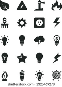 Solid Black Vector Icon Set - lightning vector, matte light bulb, power socket type b, star, storm cloud, leaf, energy saving, coastal lighthouse, electricity, flame, dollar column, idea, sun