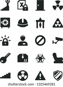 Solid Black Vector Icon Set - warning vector, prohibition, Baby chair, workman, key, ntrance door, construction helmet, strongbox, cardboard box, radiation hazard, encrypting, nuclear, biohazard