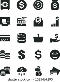 Solid Black Vector Icon Set - bank card vector, dollar, strongbox, coins, shopping basket, column of, denomination the, get a wage, money, cash machine, bag hand, rain, coin, pedestal, eyes, mail