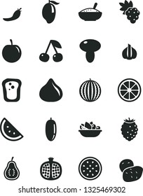 Solid Black Vector Icon Set - mushroom vector, a bowl of rice porridge, plate fruit, orange slice, sandwich, cherry, half pomegranate, grape, fig, tasty raspberry, water melon, mango, date, plum