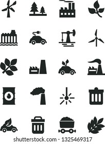 Solid Black Vector Icon Set - dust bin vector, working oil derrick, leaves, windmill, wind energy, manufacture, factory, hydroelectricity, forest, industrial building, thermal power plant, eco car