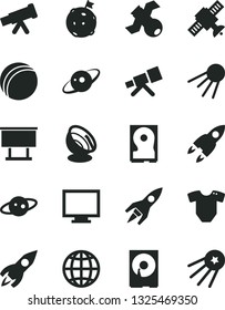 Solid Black Vector Icon Set - monitor vector, t short, bath ball, earth, artificial satellite, billboard, rocket, hdd, telescope, antenna, saturn, flag on moon, first