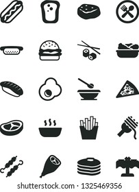 Solid Black Vector Icon Set - plates and spoons vector, piece of pizza, Hot Dog, mini, burger, spaghetti, porridge, lettuce in a plate, grill chicken leg, bacon, meat on skewers, French fries, cafe
