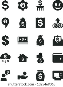Solid Black Vector Icon Set - purse vector, dollar, denomination of the, financial item, catch a coin, money, dollars, cash, bag hand, rain, mortgage, column, gear, eyes, growth, mail, dialog, pin