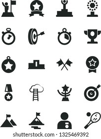 Solid Black Vector Icon Set - stopwatch vector, pedestal, winner podium, prize, cup, star, man with medal, flag, motivation, mountain, target, purpose, ribbon, cross flags, cloud ladder, tennis