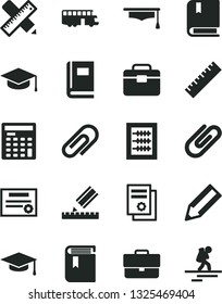 Solid Black Vector Icon Set - clip vector, briefcase, yardstick, book, new abacus, e, portfolio, writing accessories, drawing, square academic hat, pencil, scientific publication, graduate, patente