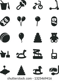 Solid Black Vector Icon Set - beanbag vector, bath ball, stacking rings, toy, roly poly doll, tumbler, phone, sand set, children's, small teddy bear, yule, rocking horse, colored air balloons
