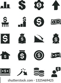 Solid Black Vector Icon Set - upward direction vector, dollar, coins, chart, recession, a crisis, financial item, money, dollars, cash, coin, mortgage, pedestal, bag, column, gear, dialog