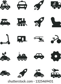 Solid Black Vector Icon Set - truck lorry vector, Baby chair, motor vehicle, present, toy train, tricycle, child Kick scooter, car, environmentally friendly transport, electric, retro, rocket, space