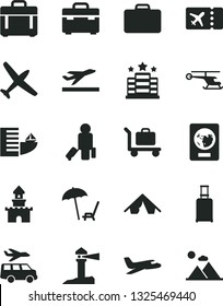 Solid Black Vector Icon Set - suitcase vector, case, coastal lighthouse, sand castle, helicopter, plane, passenger, rolling, passport, ticket, departure, hotel, tent, arnchair under umbrella