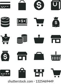 Solid Black Vector Icon Set - paper bag vector, grocery basket, bank card, put in cart, with handles, kiosk, coins, stall, shopping, front of the, column, dollar, money, dollars, cash, hand