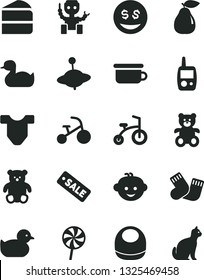 Solid Black Vector Icon Set - baby bib vector, Child T shirt, rubber duck, duckling, warm socks, toy mobile phone, children's potty, teddy bear, small, hairdo, yule, bicycle, tricycle, piece of cake