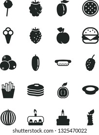 Solid Black Vector Icon Set - mini hot dog vector, big burger, torte, birthday cake, a plate of milk, Chupa Chups, French fries, cone, pancakes, peach, blackberry, tasty raspberry, blueberries