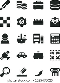 Solid Black Vector Icon Set - mercury thermometer vector, motor vehicle, suitcase, buildings, drawing, tile, brick, size, red pepper, racer, metallurgy, magnifier, coins, purse, engineer calculator