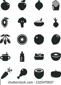 Solid Black Vector Icon Set - mug for feeding vector, bottle, a bowl of rice porridge, lettuce in plate, chicken leg, cabbage, beet, fried potato slices, red apple, medlar, half mango, goji berry