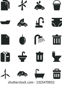 Solid Black Vector Icon Set - bin vector, clean sheet of paper, nappy, bath, bucket, washbasin, comfortable toilet, shower, kitchen faucet, folded shirt, passion fruit, windmill, wind energy, trash