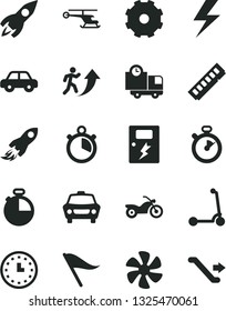 Solid Black Vector Icon Set - truck lorry vector, lightning, wind direction indicator, motor vehicle, child Kick scooter, dangers, timer, car, delivery, marine propeller, rocket, space, wall watch