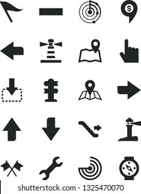 Solid Black Vector Icon Set - upward direction vector, downward, right, left, wind indicator, minus, index finger, map, move down, lighthouse, coastal, repair, radar, cross flags, dollar pin