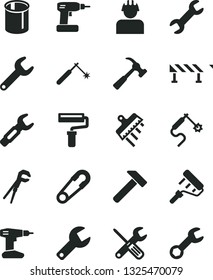 Solid Black Vector Icon Set - paint roller vector, repair key, safety pin, small tools, adjustable wrench, cordless drill, spatula, road fence, hammer, with claw, builder, pipes, welding, gas, steel